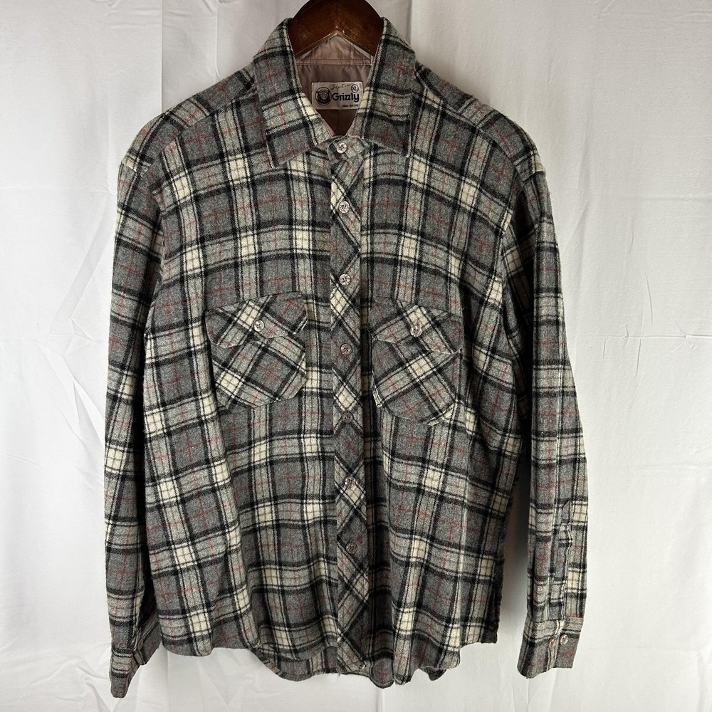 Vintage Grizzly Shirt Mens XL Gray‎ Plaid Wool Flannel Lined Made Korea 80s